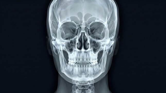 Detailed frontal X-ray view of a human skull, revealing intricate bone structure against a dark background for medical and scientific analysis