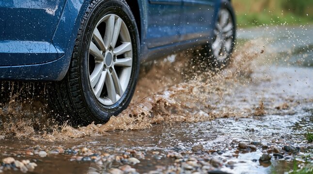 Blue car wheel splashing in muddy puddle on wet road