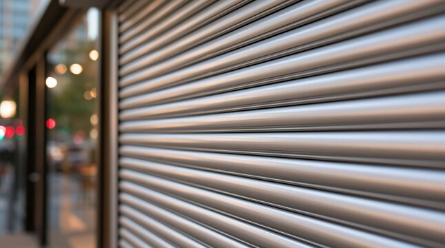 Close up of metal rolling shutter on urban storefront at dusk