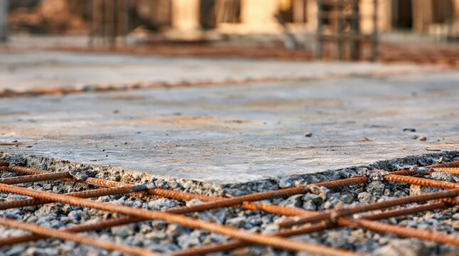 Concrete slab with rusty rebar mesh at construction site