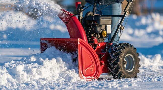 Red snow blower clearing snow in winter