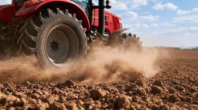 Red tractor wheel moving through dry soil kicking up dust cloud