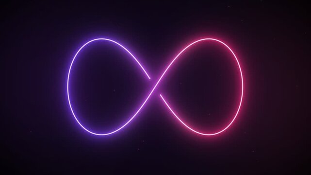 Vibrant glowing purple and pink neon sign shaped like an endless loop glowing softly in the dark darkness, representing eternal time and continuous energy for creative graphic design projects