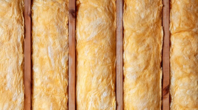 Close up of fiberglass insulation installed between wooden wall studs