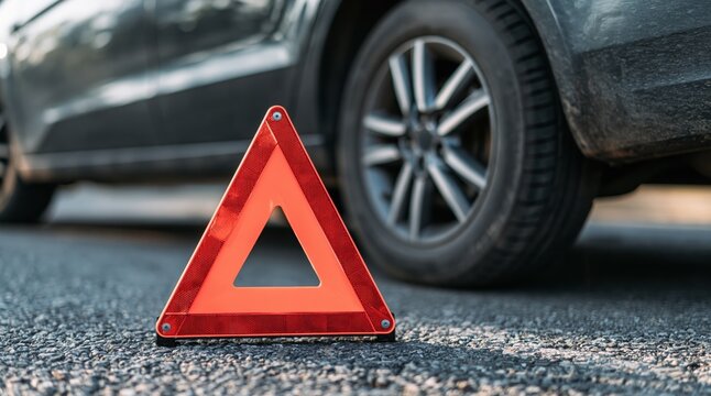 Red emergency warning triangle on asphalt road near car
