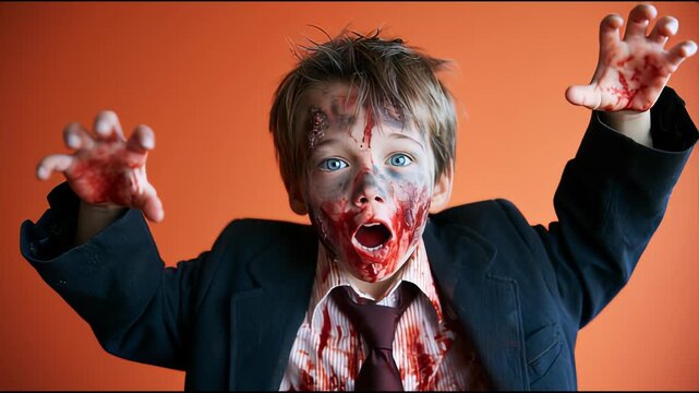 Child in zombie costume with blood makeup on orange background