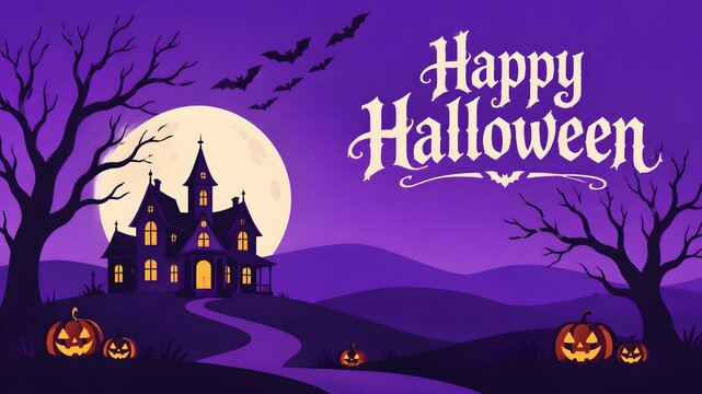 Happy halloween illustration with spooky haunted house bats pumpkins and a full moon on a purple background