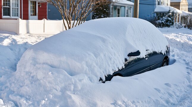 Car buried under thick layer of snow on residential street after winter storm