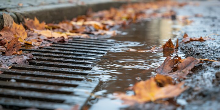 Rainwater puddle and autumn leaves on street storm drain grate