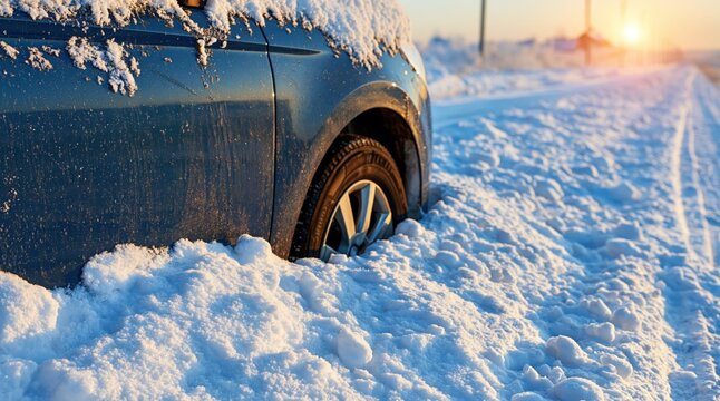 Car stuck in deep snow bank on roadside during winter sunset
