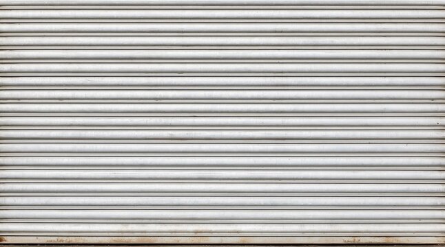 Closed silver metallic rolling shutter door with horizontal slats