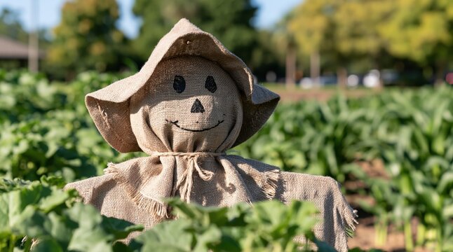 Close up of burlap scarecrow with smiling face in green field