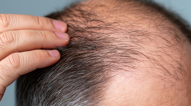 Man touching thinning hair and receding hairline close up