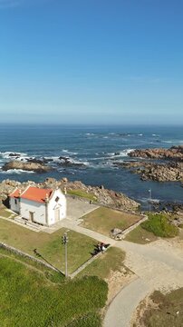 Aerial View of Small Church on the Atlantic Coast, Portugal, Camino de Santiago