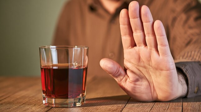 Person refusing glass of alcohol with hand gesture