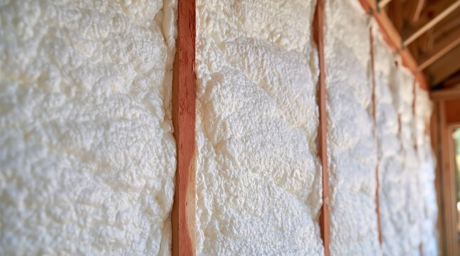 White spray foam insulation between wooden studs in house under construction