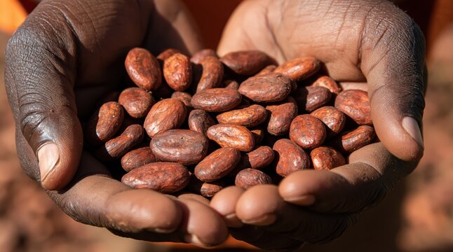 Close up hands holding handful dried cocoa beans