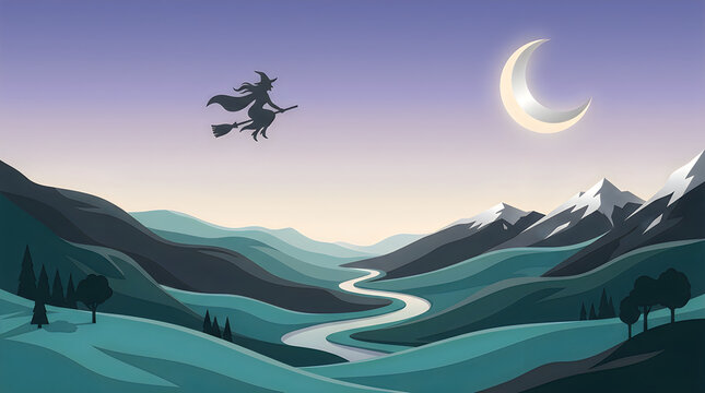 Night landscape with witch flying on broomstick, crescent moon, mountains, forest, river, magic vector illustration, dark teal gradient style