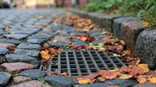 Iron storm drain grate on cobblestone street with fallen autumn leaves