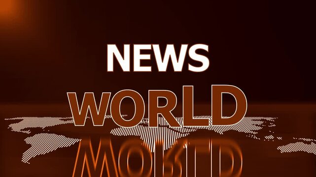 News world title over stylized dotted world map with reflection on dark studio background animation