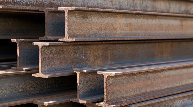 Stacked rusty steel I-beams in industrial yard