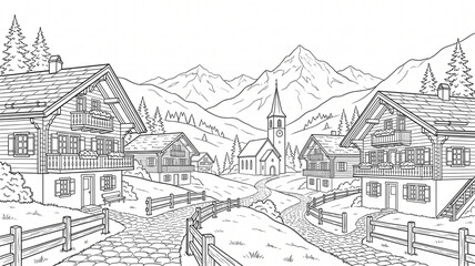 Fototapeta premium Detailed black white line art of a charming alpine village with chalets, mountains, and a pathway. Scene outline vector illustration background for a travel coloring book page or design.