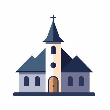 Blue and white church building with steeple and cross.