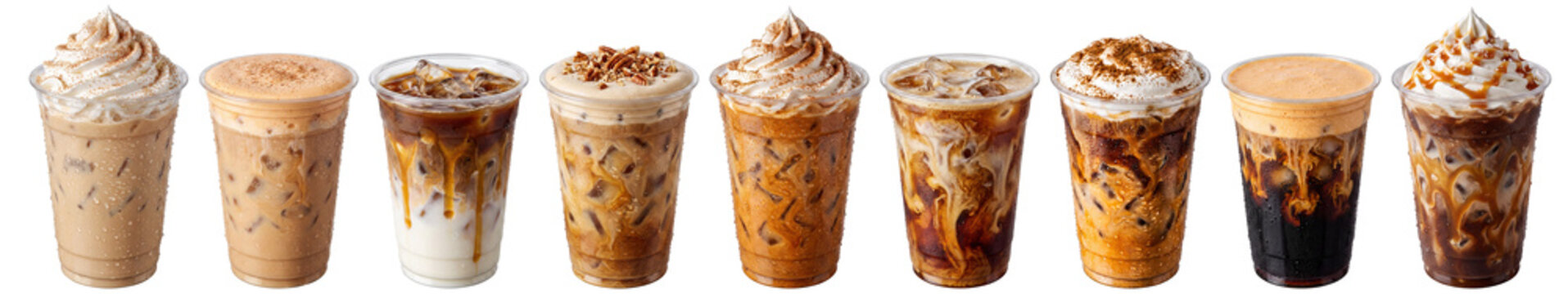 Set of refreshing iced autumn coffee and caramel frappe drinks
