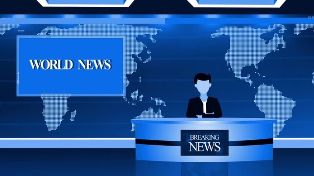 Television news studio set with anchor at desk, world map digital backdrop and world news screen background animation