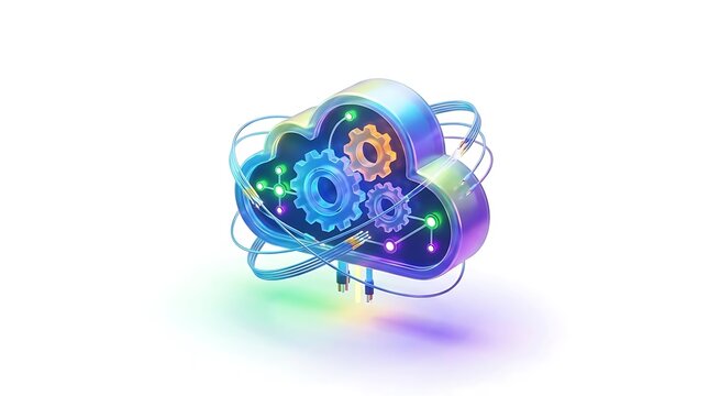 3D cloud computing icon with gears and circuit boards.