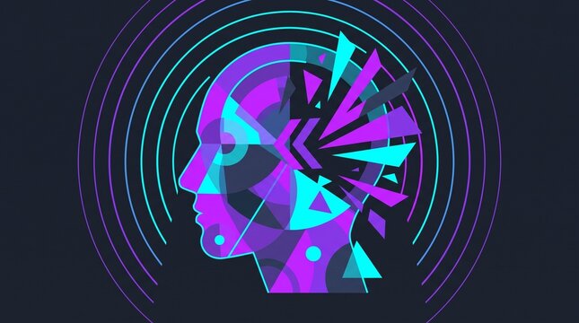 Abstract Neon Geometric Human Head Fragmentation Concept