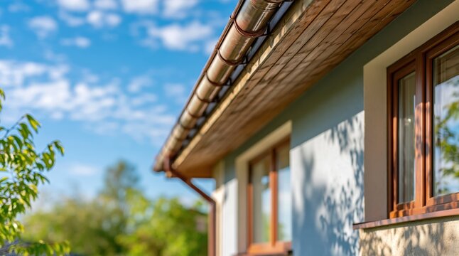 Low angle view of metal rain gutter and wooden eaves on house exterior
