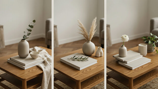 Three close-up views of ceramic vases with dried flowers and books on wooden tables