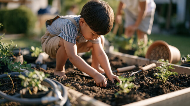 Small children helping in a modest backyard garden after a playdate, soil tools left scattered in the aftermath of enthusiastic planting, a wide pot of seeds tipped sideways near