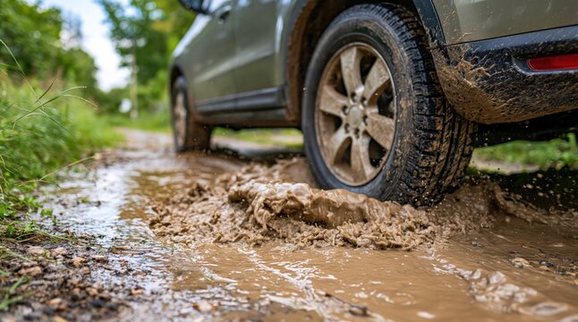 Low angle view of suv wheel driving through mud puddle on country road