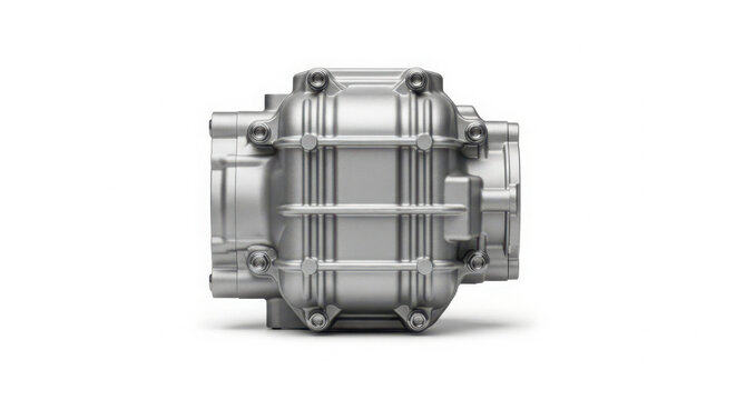 Industrial automotive supercharger housing made of brushed aluminum metal displayed on white background captured with sharp studio lighting for engineering