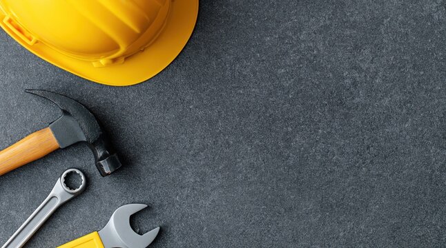 Yellow safety helmet hammer and wrenches on dark stone background