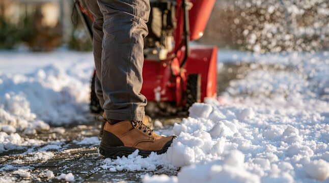 Person wearing work boots using snowblower clearing snow from sidewalk