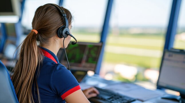 Female operator with headset working at desk in airport control tower