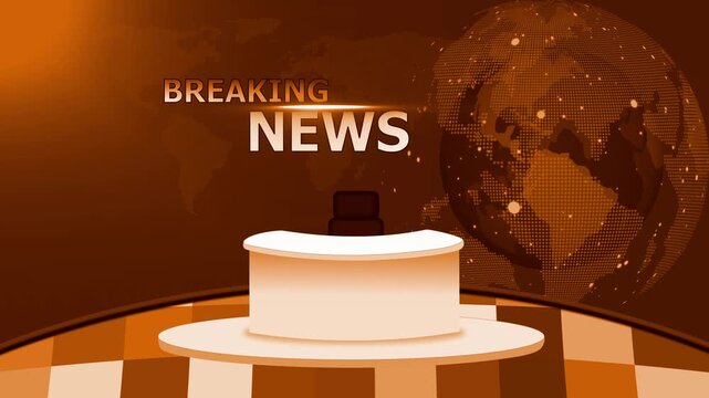 Television news studio set with empty white anchor desk foreground background animation