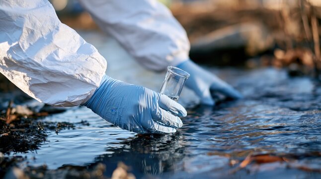 Scientist in hazmat suit taking water sample from river for environmental testing