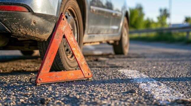Red warning triangle placed on asphalt road behind stationary car