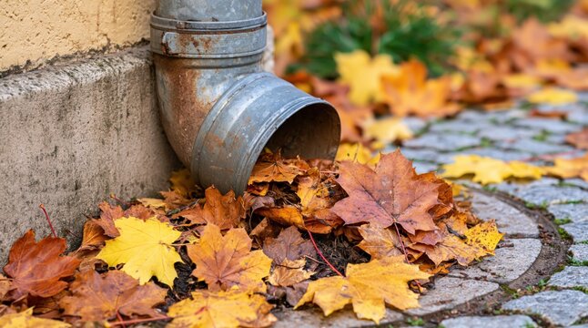 Metal gutter pipe blocked with fallen maple leaves in autumn