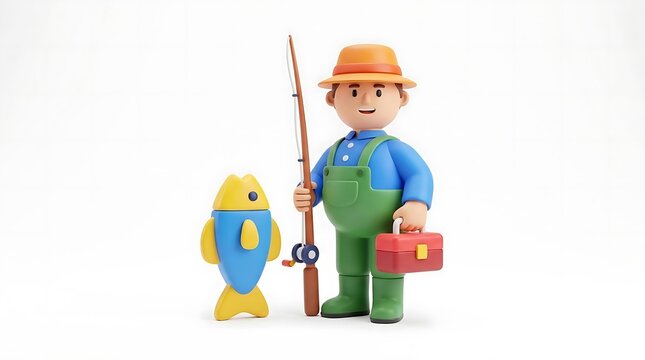 3D fisherman character with rod, fish, and tackle box.