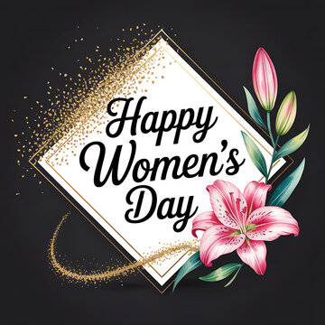 Happy womens day greeting card design with pink lily flowers and golden glitter on dark background