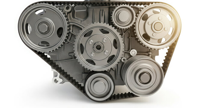 Metallic timing belt system showing complex mechanical gears and pulleys inside a high performance automotive engine block with lighting effects