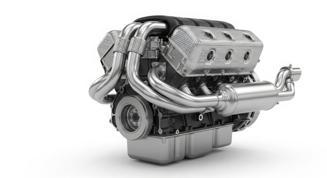 Powerful internal combustion car engine featuring polished chrome exhaust pipes and metallic engine blocks isolated on a clean white background