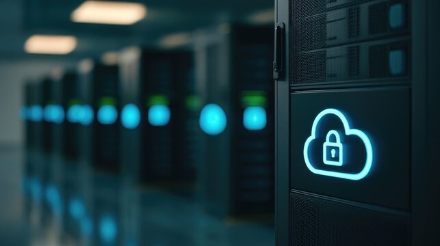 Secure Cloud Computing Data Center Server Rack with Glowing Lock Icon.