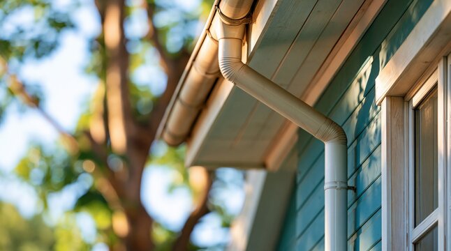 Beige rain gutter and downspout on teal wooden siding of house