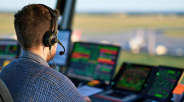 Male air traffic controller in headset looking at monitors in control tower overlooking runway